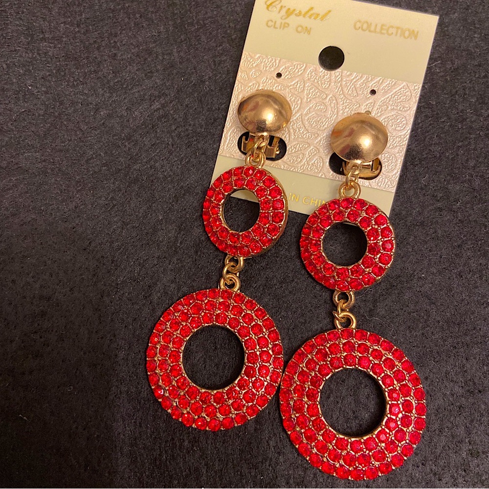 Crystal Collection Women’s Red Sparkling Double Disc Clip On Earrings.